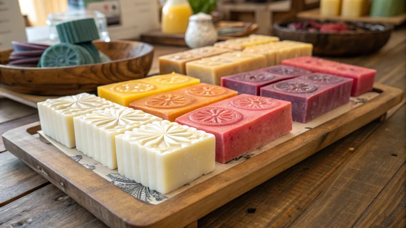A display of colorful artisanal soaps arranged beautifully