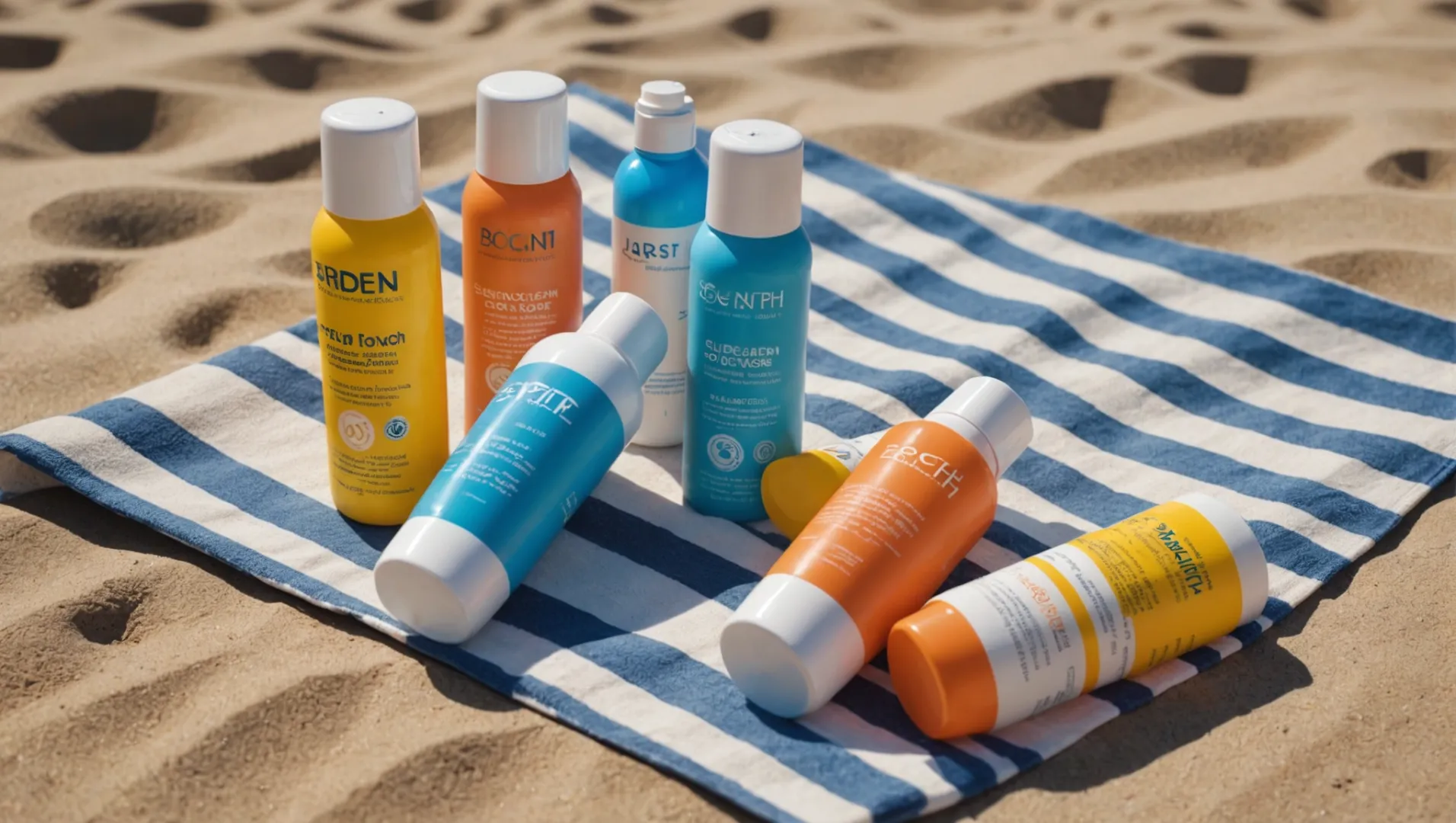 Different bottles of sunscreen on a beach towel