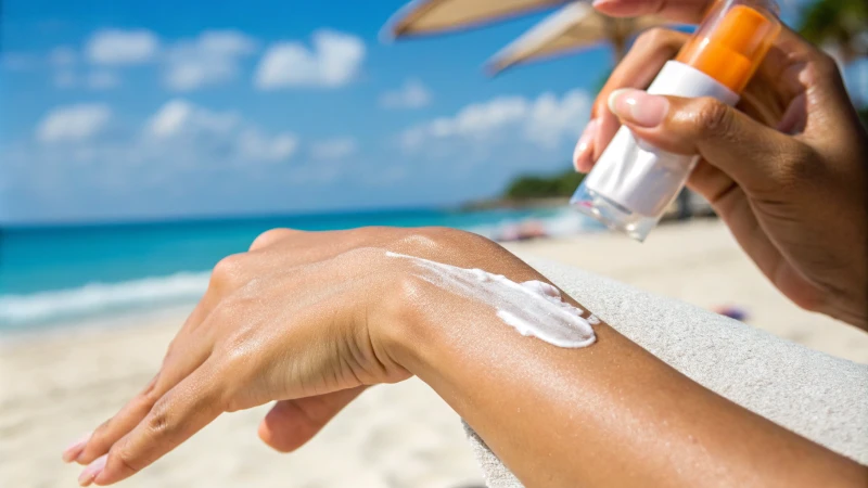 A close-up of a hand applying sunscreen on light skin at the beach