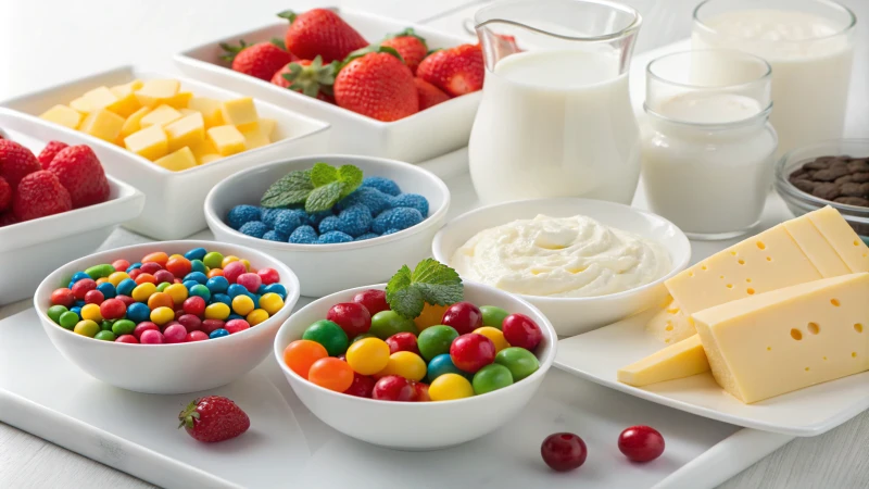 A collection of colorful candies and creamy dairy products on a clean surface