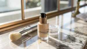 Close-up of a foundation bottle on a marble countertop with a makeup brush.
