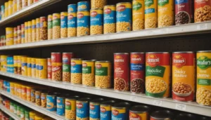 Grocery store shelf filled with colorful food products