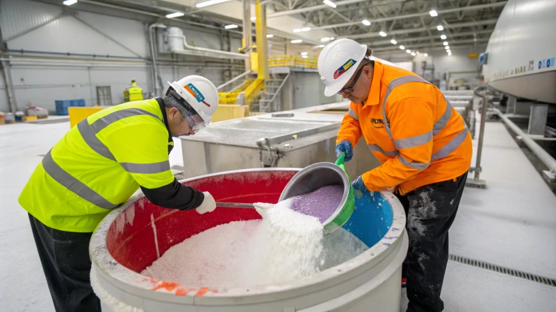Workers adding titanium dioxide to a mixing vat in a paint facility