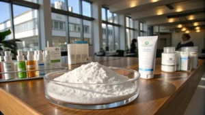 A modern laboratory setup with titanium dioxide powder and consumer products.