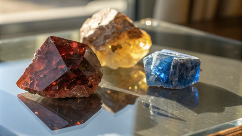 Photorealistic representation of rutile, anatase, and brookite crystals on a reflective surface