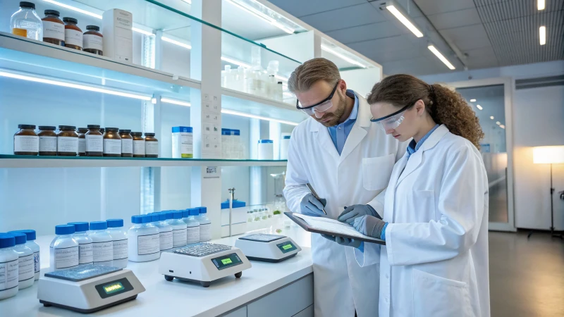 Two scientists in a modern laboratory analyzing titanium dioxide powder samples