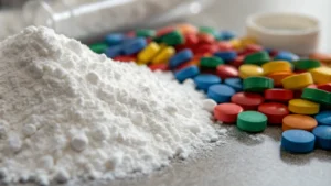 Close-up of titanium dioxide powder and colorful plastic pellets