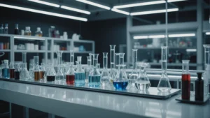 A futuristic laboratory setting with titanium dioxide applications in various industries.