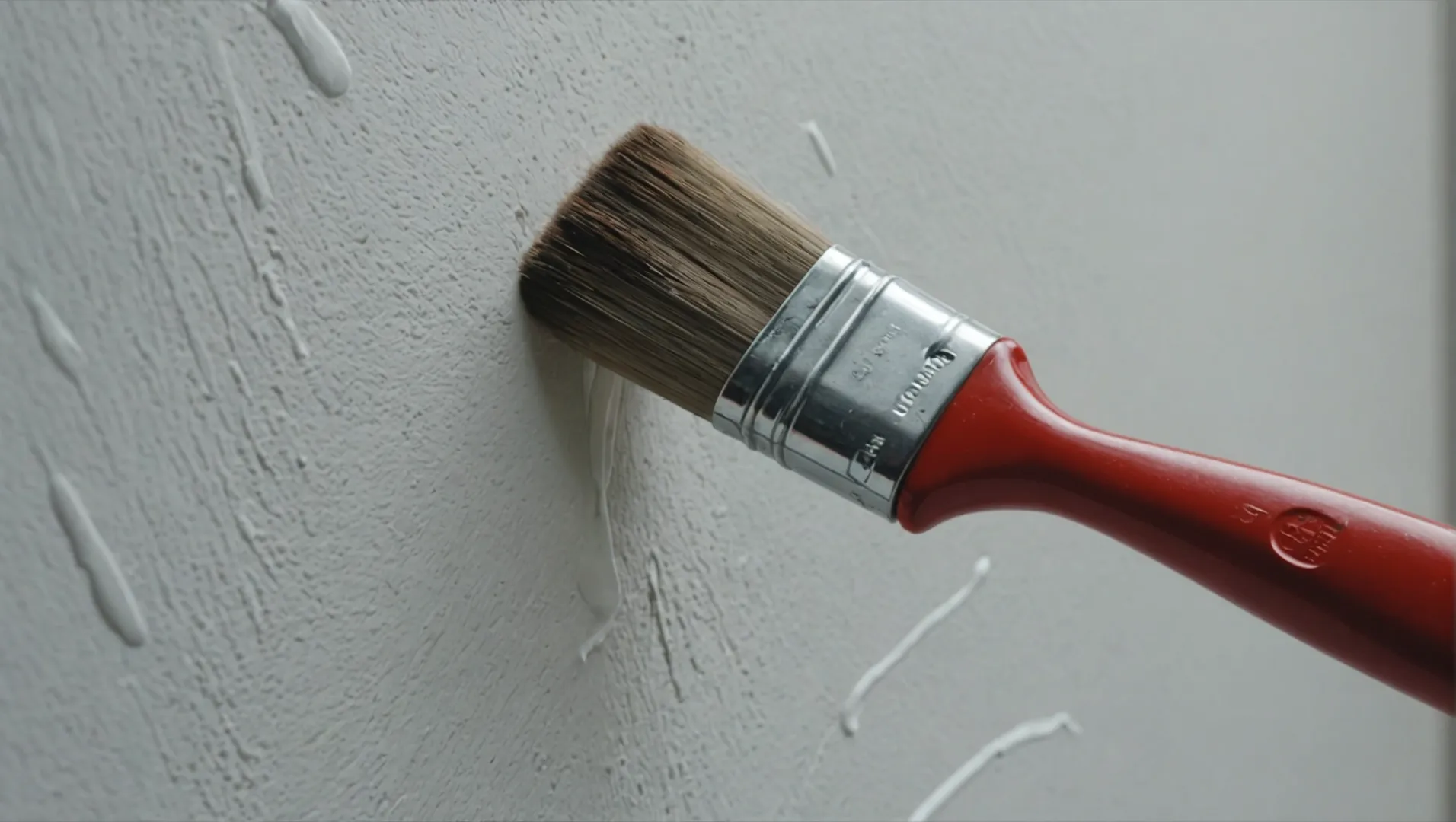 A close-up of a paintbrush applying white latex paint to a wall.