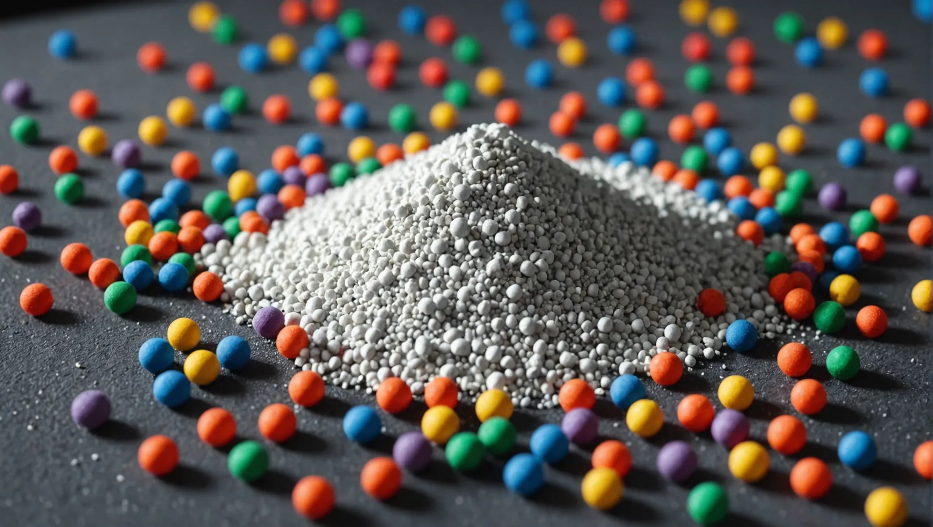 Close-up of white titanium dioxide powder next to plastic pellets