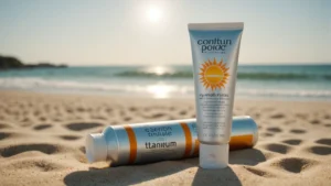 A tube of sunscreen with titanium dioxide on a sandy beach