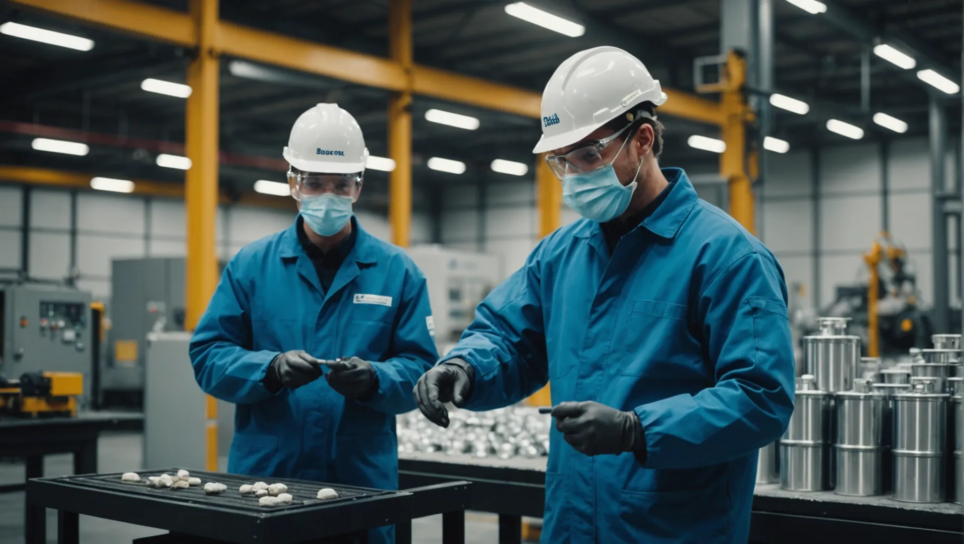 Industrial workers handling titanium dioxide in a manufacturing plant