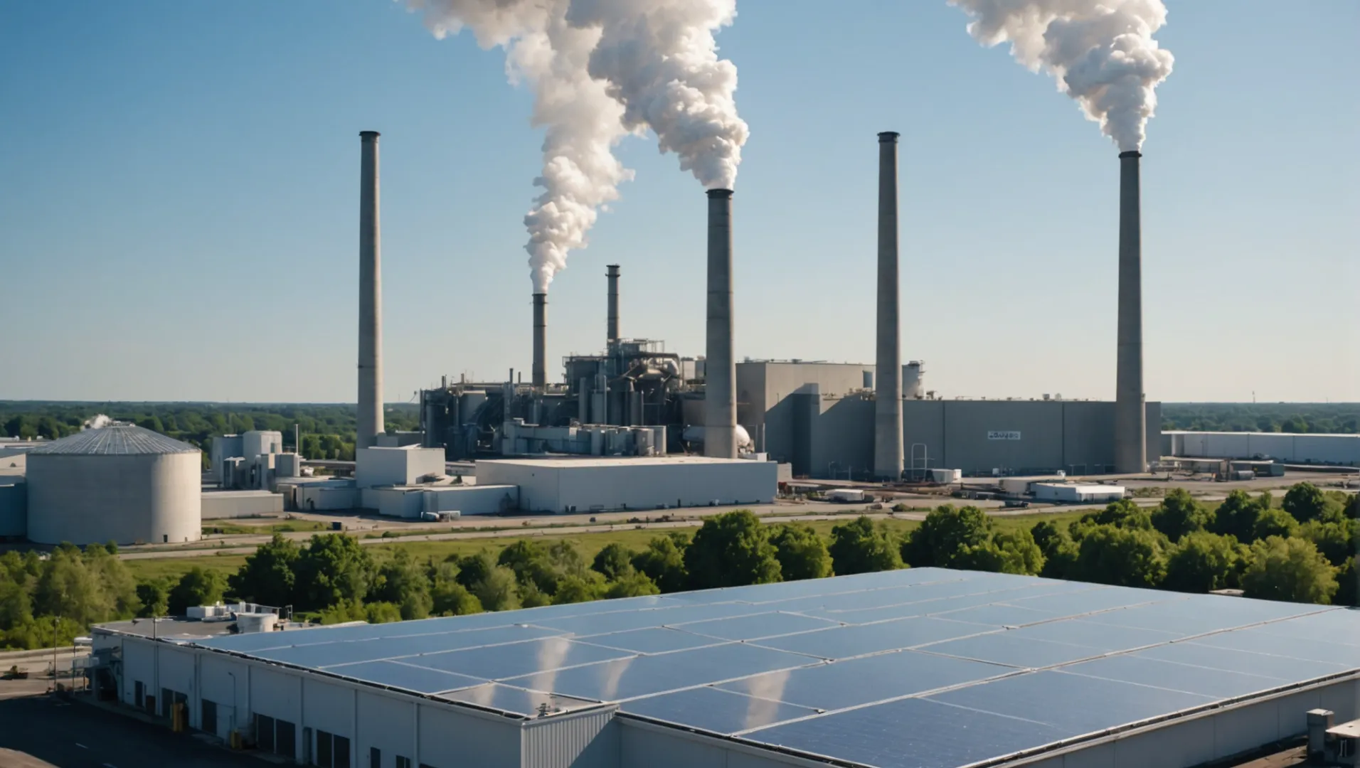 An industrial titanium dioxide manufacturing plant with smokestacks emitting steam and a focus on sustainability.