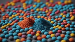 A close-up of titanium dioxide powder with plastic masterbatch pellets