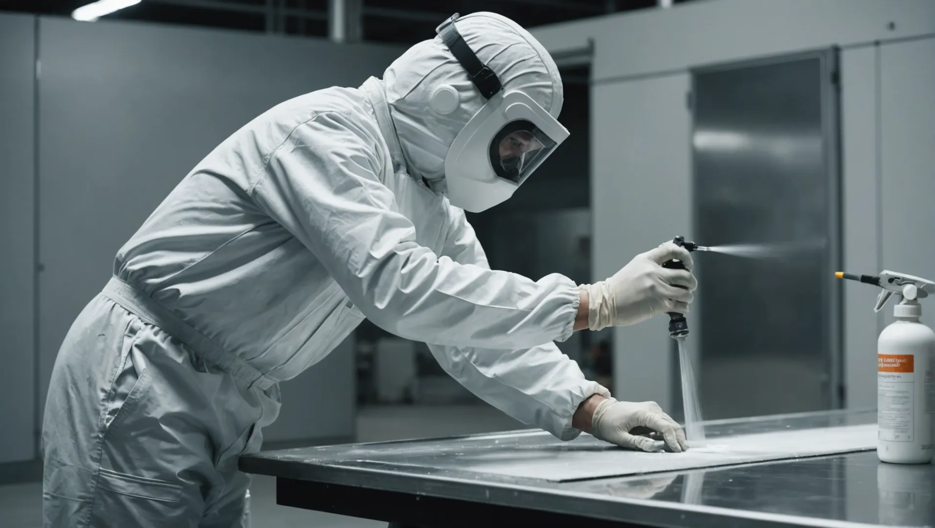 A factory worker applying paint with titanium dioxide to a metal surface