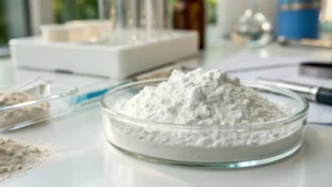 Close-up of titanium dioxide powder in a glass container