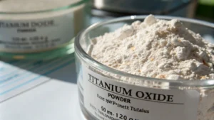 Close-up of titanium dioxide powder in a glass container