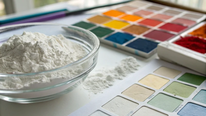 Close-up of titanium dioxide powder in a glass bowl with paint samples
