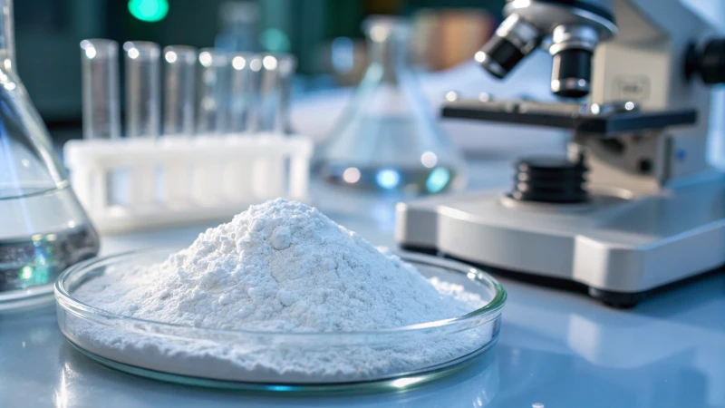 Close-up of titanium dioxide powder in a glass dish with laboratory equipment