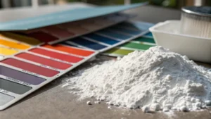 Close-up of titanium dioxide powder and vibrant paint samples