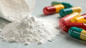 Close-up of white titanium dioxide powder with colorful capsules