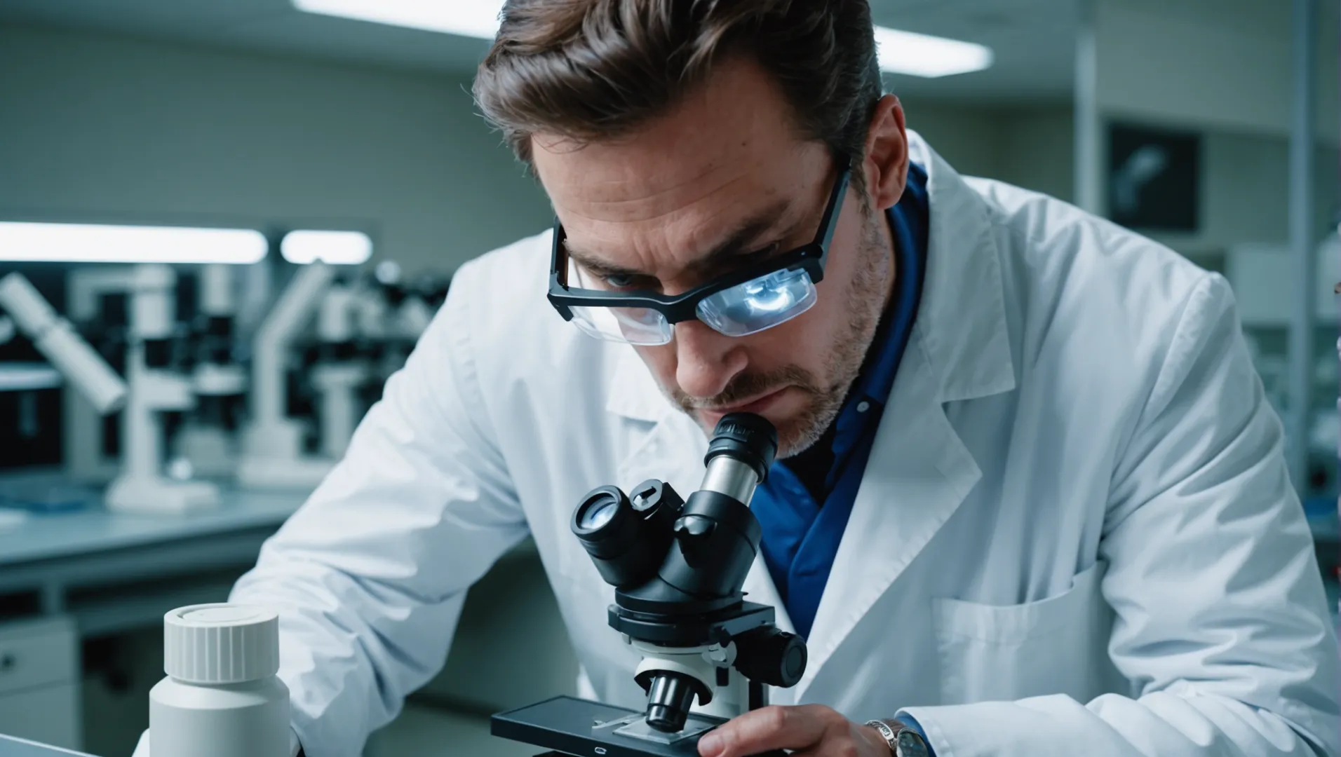 A scientist analyzing titanium dioxide nanoparticles under a microscope in a laboratory setting.