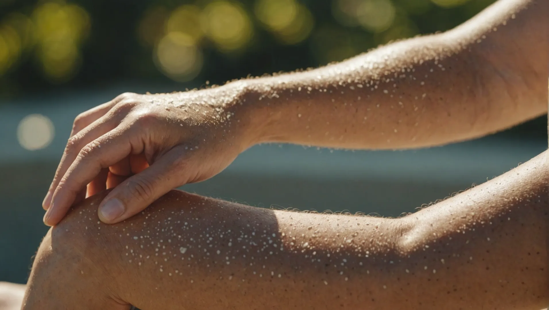 Close-up of sunscreen being applied to skin with titanium dioxide particles visible.