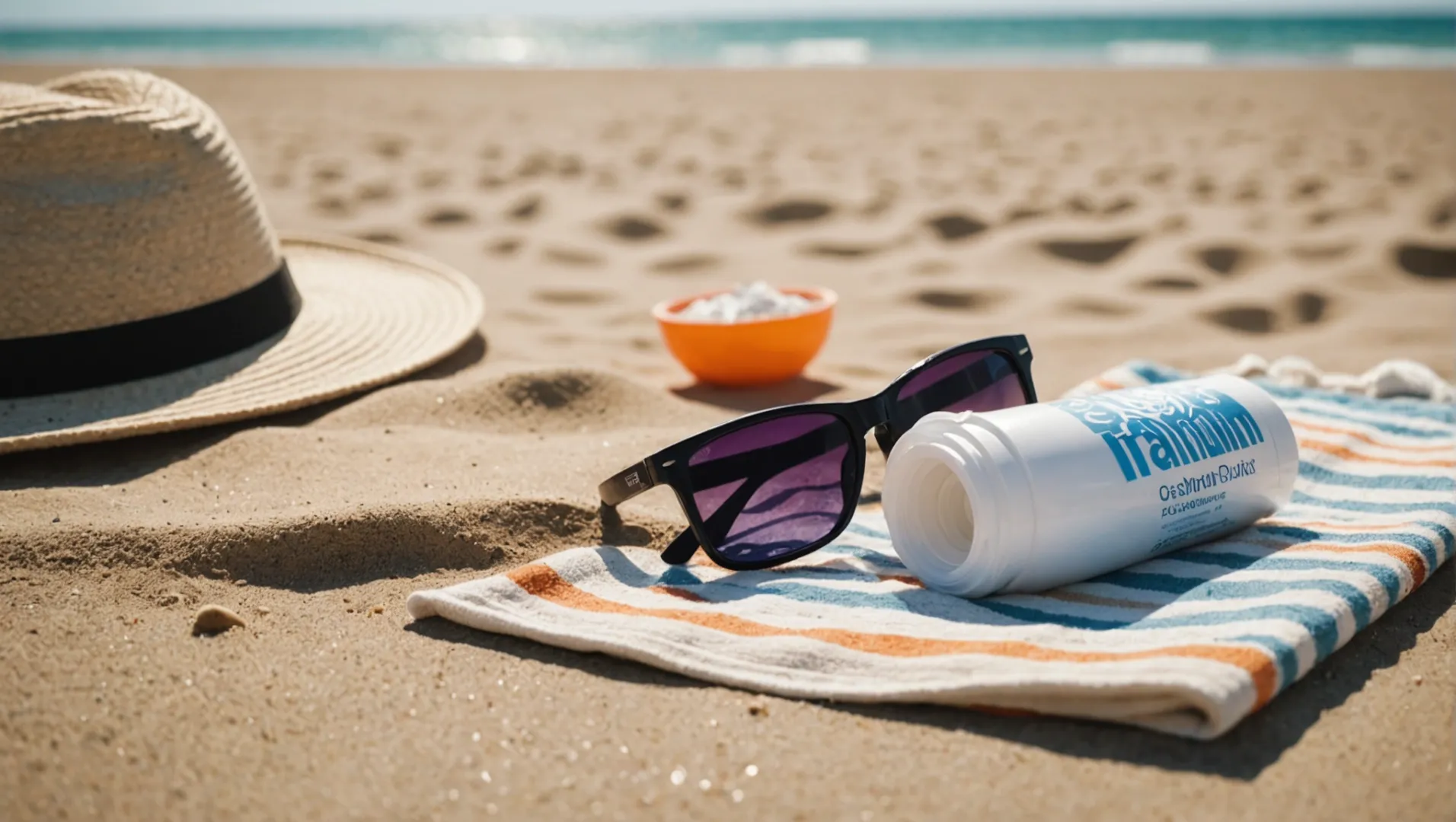 Close-up of a sunscreen tube labeled with titanium dioxide among beach items.