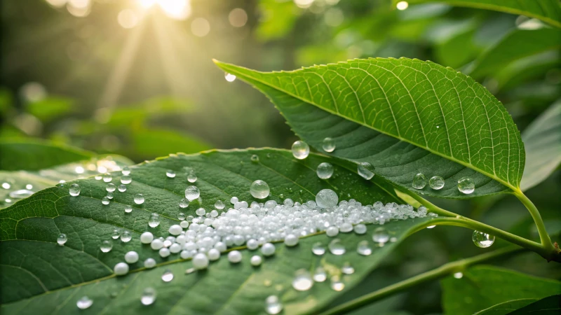 Granules of Anatase TiO₂ on a green leaf with water droplets