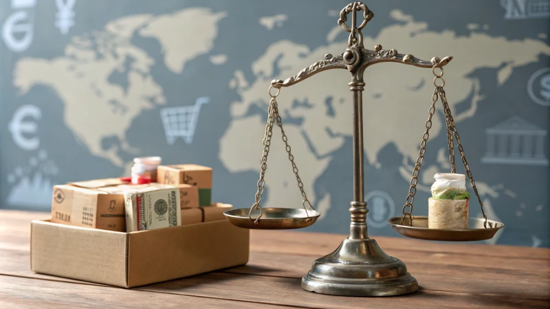 A balance scale displaying imported goods on one side and domestic products on the other, set in a business environment.