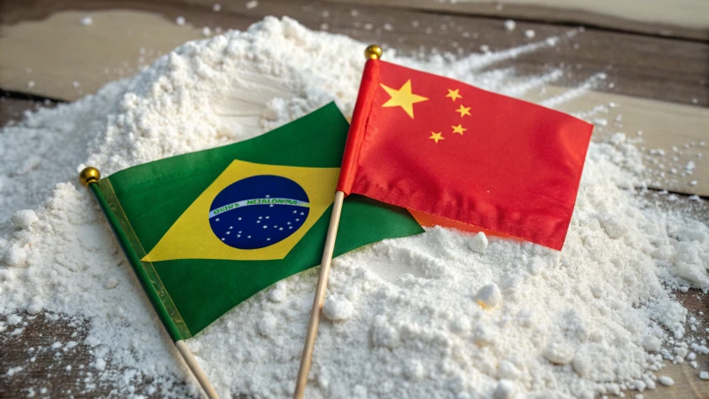 Brazilian and Chinese flags intertwined on white powder
