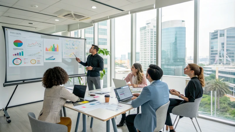A diverse group of professionals in a modern office meeting