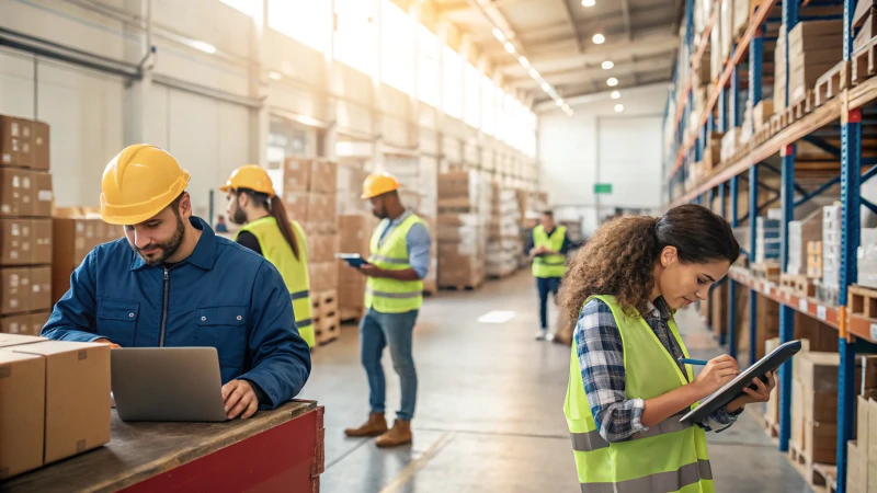 A busy warehouse filled with workers organizing inventory.