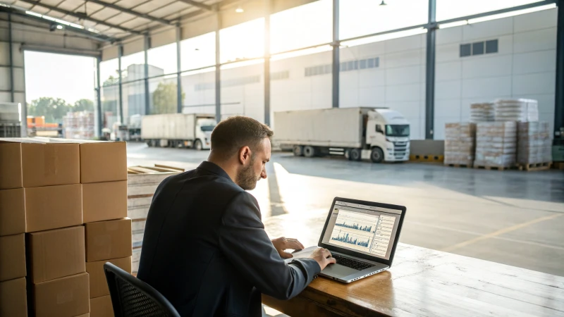 Logistics manager at a desk with laptop in a warehouse