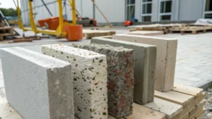 Close-up of concrete samples infused with titanium dioxide at a construction site