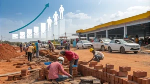 Construction site with workers and automotive workshop