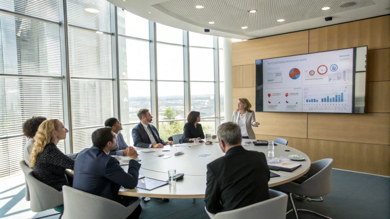 Diverse professionals in a corporate meeting room discussing supplier credibility.