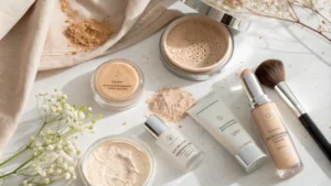 Flat lay of cosmetic products with titanium dioxide