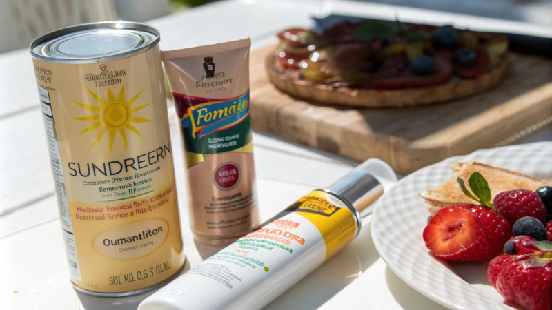 A collection of everyday products containing titanium dioxide, including sunscreen, foundation, paint, and food packaging.
