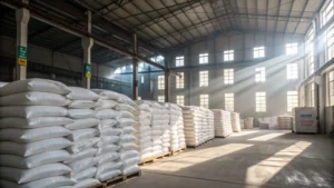 Interior of an industrial warehouse filled with titanium dioxide powder bags.