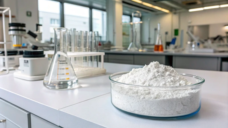 Glass jar with anatase titanium dioxide powder in a laboratory setting