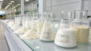 Laboratory setting with glass containers of titanium dioxide samples