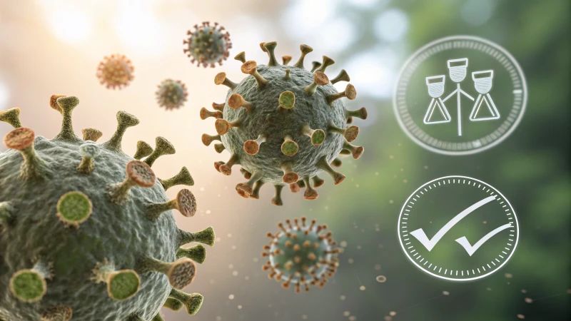 Microscopic view of nano titanium dioxide particles with regulatory symbols.