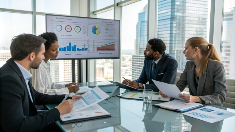 Diverse professionals in a modern conference room discussing titanium dioxide suppliers.