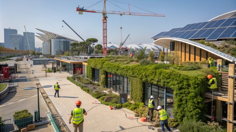 Modern construction site with workers applying smart coatings