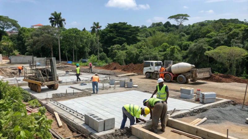 A modern construction site with workers and sustainable materials.
