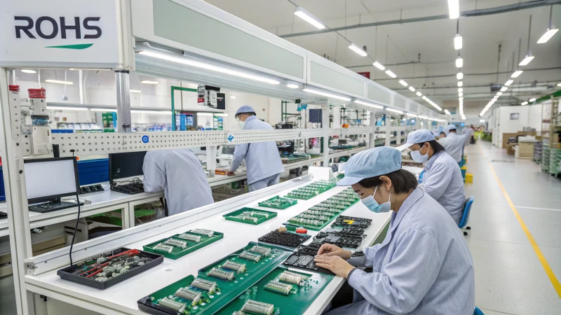 Workers assembling devices in a modern electronic manufacturing facility