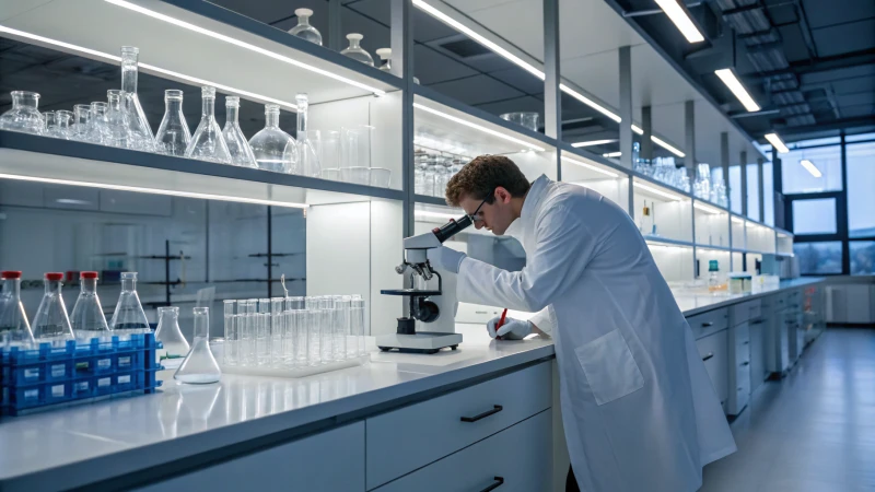 Scientist examining titanium dioxide samples under a microscope in a modern laboratory