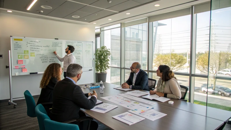 Diverse professionals in a modern office meeting room discussing titanium dioxide suppliers