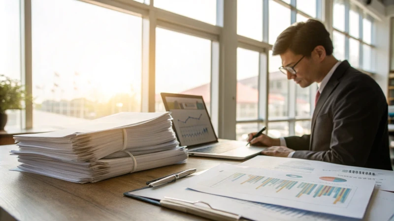 Business person analyzing documents in a professional office setting